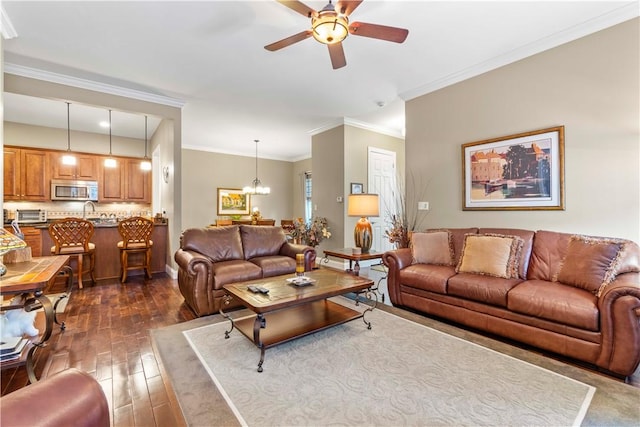 1 Riverfront St, Oakmont, PA 15139 - living room featuring dark wood-style floors, ceiling fan, crown molding, and a chandelier