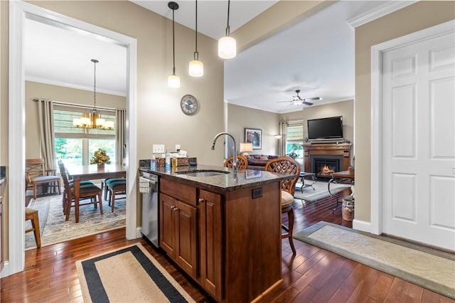 1 Riverfront St, Oakmont, PA 15139 - kitchen with dark wood-style floors, stainless steel dishwasher, a warm lit fireplace, a kitchen breakfast bar, and dark stone countertops