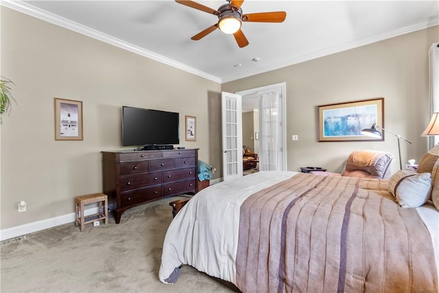 1 Riverfront St, Oakmont, PA 15139 - carpeted bedroom with crown molding, ceiling fan, and french doors