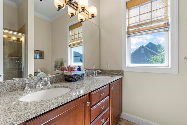 1 Riverfront St, Oakmont, PA 15139 - full bath with crown molding, double vanity, and a stall shower