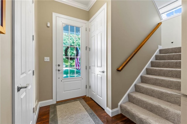 1 Riverfront St, Oakmont, PA 15139 - foyer entrance with dark wood finished floors, stairs, and crown molding
