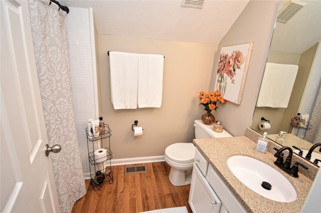 121 Sedeca Dr, North Strabane, PA 15317 - bathroom with wood finished floors, a textured ceiling, vanity, curtained shower, and vaulted ceiling