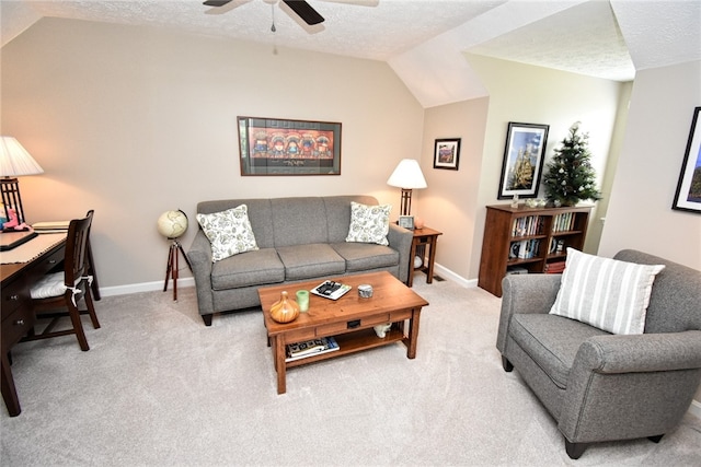 121 Sedeca Dr, North Strabane, PA 15317 - carpeted living area featuring a ceiling fan, vaulted ceiling, a textured ceiling, and a desk