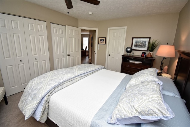 121 Sedeca Dr, North Strabane, PA 15317 - carpeted bedroom with multiple closets, a ceiling fan, and a textured ceiling
