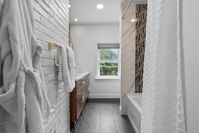 5110 Duncan St, Lawrenceville, PA 15201 - full bathroom with vanity, shower / bath combo with shower curtain, recessed lighting, and tile patterned flooring