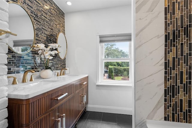 5110 Duncan St, Lawrenceville, PA 15201 - full bathroom featuring double vanity, tile patterned flooring, a shower, recessed lighting, and decorative backsplash