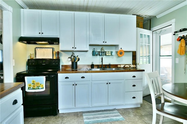 114 10th St, Pymatuning Twp, PA 16125 - kitchen featuring black electric range oven, under cabinet range hood, white cabinets, crown molding, and wood counters