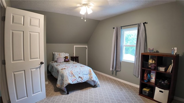 180 Beale Rd, Buffalo Twp, PA 16055 - bedroom featuring vaulted ceiling, a textured ceiling, carpet flooring, and a ceiling fan