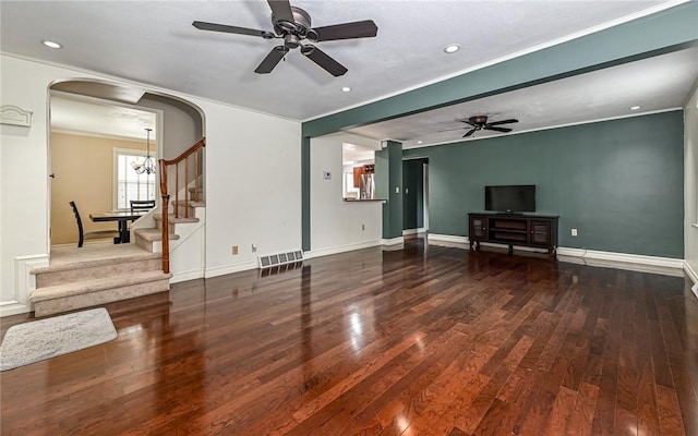 2514 Oakwood Rd, Shaler, PA 15116 - unfurnished living room with ceiling fan, stairway, hardwood / wood-style flooring, recessed lighting, and arched walkways