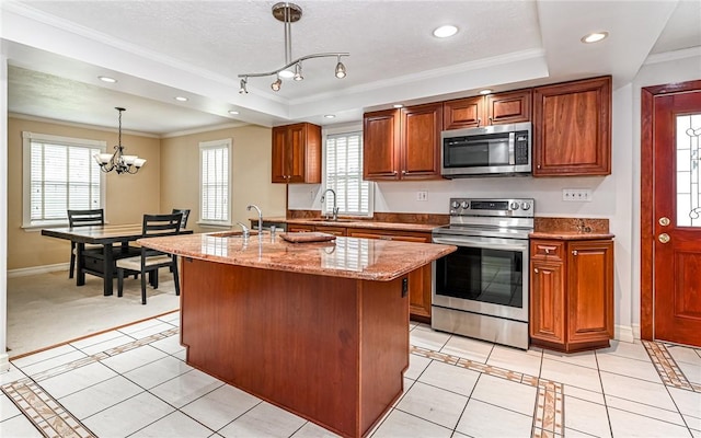 2514 Oakwood Rd, Shaler, PA 15116 - kitchen with stainless steel appliances, a tray ceiling, crown molding, a chandelier, and light stone countertops