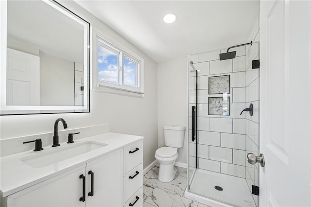 1611 Guffey Rd, North Huntingdon, PA 15642 - full bath with marble look tiles, vanity, a shower stall, and recessed lighting