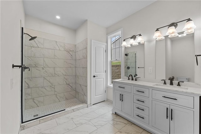 2215 Lebanon Dr, Elizabeth Twp/Boro, PA 15135 - full bath with marble look tiles, tiled shower, double vanity, and recessed lighting