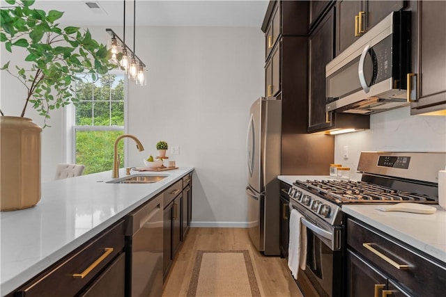 2219 Lebanon Dr, Elizabeth Twp/Boro, PA 15135 - kitchen with appliances with stainless steel finishes, light wood-style flooring, dark brown cabinets, and decorative light fixtures
