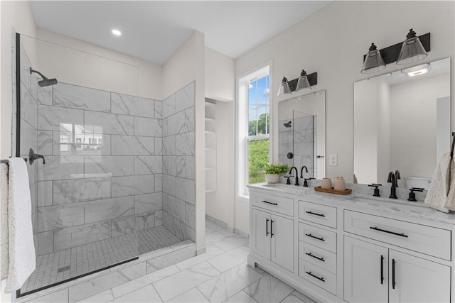 2219 Lebanon Dr, Elizabeth Twp/Boro, PA 15135 - full bathroom featuring marble finish flooring, a tile shower, double vanity, and recessed lighting