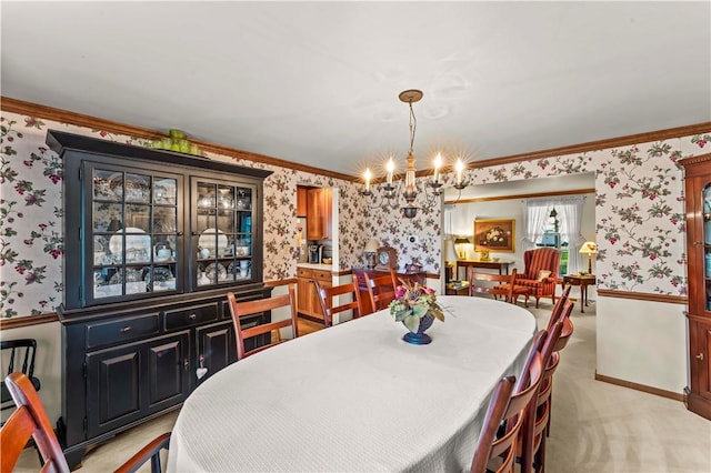 44 Stonehenge Dr, South Strabane, PA 15301 - dining area with wallpapered walls, a chandelier, crown molding, and light colored carpet