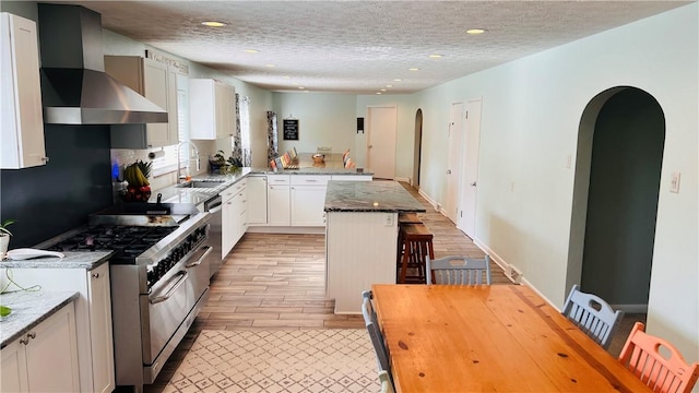 324 Paul Dr, Lower Burrell, PA 15068 - kitchen featuring wall chimney exhaust hood, stainless steel appliances, arched walkways, a textured ceiling, and recessed lighting