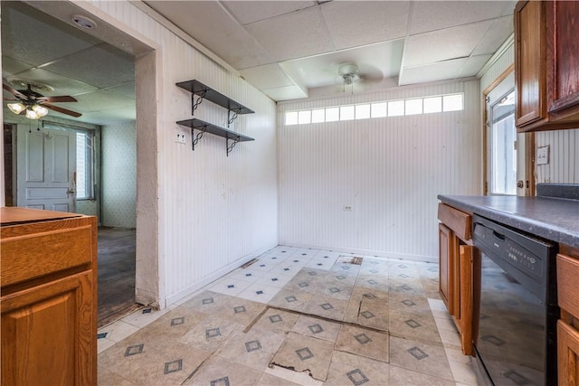 1115 Fairdale St, Sheraden, PA 15204 - kitchen featuring black dishwasher, ceiling fan, healthy amount of natural light, and a drop ceiling