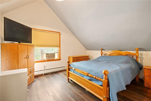 604 Lake Shore Rd, Lake Stonycreek, PA 15541 - bedroom with a baseboard radiator, lofted ceiling, cooling unit, wood finished floors, and a baseboard heating unit
