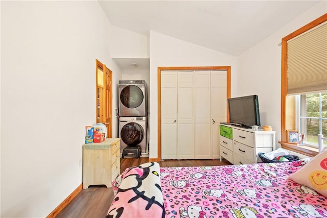 604 Lake Shore Rd, Lake Stonycreek, PA 15541 - bedroom featuring stacked washing machine and dryer, lofted ceiling, wood finished floors, and a closet