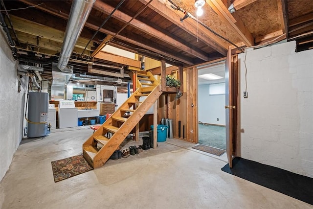 71 Mcclure Rd, West Deer, PA 15024 - unfinished basement featuring water heater, stairway, and independent washer and dryer