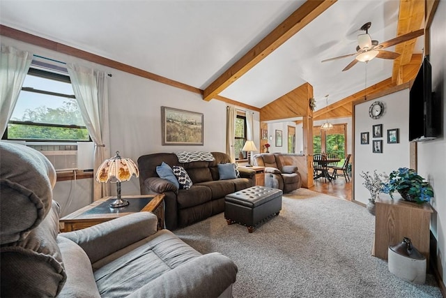 71 Mcclure Rd, West Deer, PA 15024 - living area with healthy amount of natural light, beam ceiling, ceiling fan, wooden walls, and cooling unit