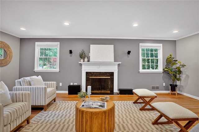 2671 Thorntree Dr, Saint Clair, PA 15241 - living room featuring plenty of natural light, wood finished floors, crown molding, recessed lighting, and a high end fireplace