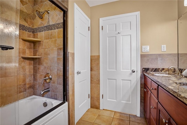 2671 Thorntree Dr, Saint Clair, PA 15241 - bathroom featuring tile walls, vanity, tile patterned flooring, shower / bath combination, and wainscoting