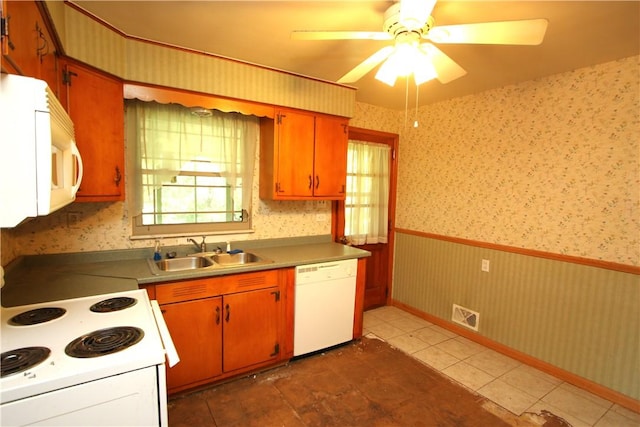 138 Demmel Dr, Peters Twp, PA 15317 - kitchen with white appliances, wallpapered walls, a wainscoted wall, ceiling fan, and tile patterned floors
