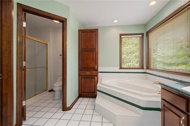 4 Hawthorne Ln, Penn Twp, PA 15642 - full bathroom featuring a garden tub, tile patterned floors, a shower stall, recessed lighting, and vanity