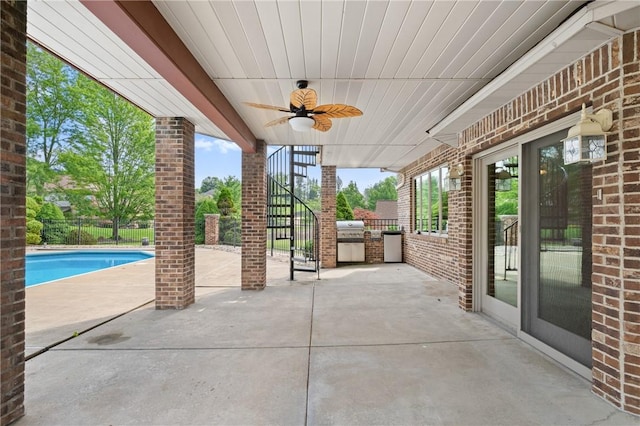 4 Hawthorne Ln, Penn Twp, PA 15642 - view of patio / terrace with stairs, a ceiling fan, an outdoor pool, and a grill