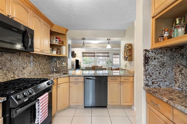 3269 Dawson St, Oakland, PA 15213 - kitchen with dishwasher, black microwave, range with gas cooktop, open shelves, and light tile patterned floors