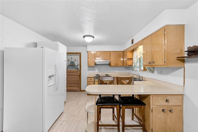 215 Diane Dr, Carroll Twp, PA 15063 - kitchen featuring white refrigerator with ice dispenser, under cabinet range hood, high end range, a peninsula, and light countertops