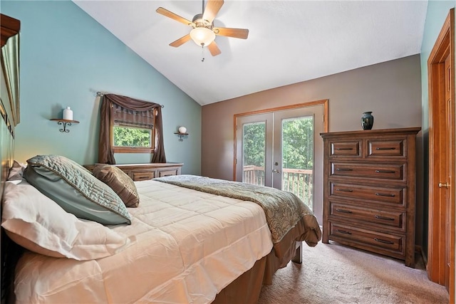 103 Sanger Rd, North Sewickley Twp, PA 15010 - bedroom featuring access to outside, light carpet, vaulted ceiling, and ceiling fan