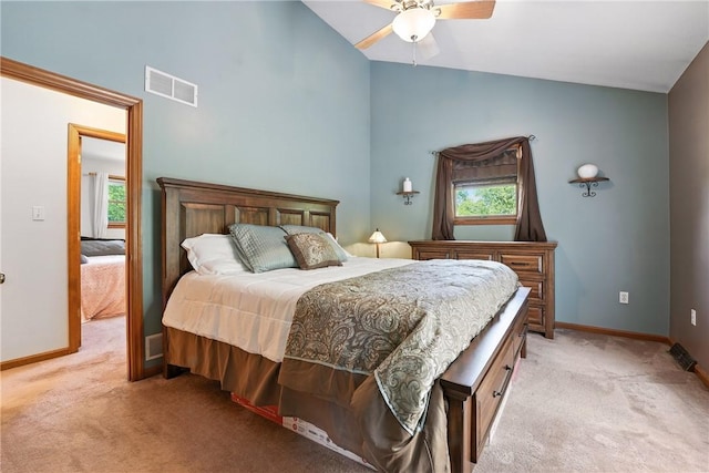 103 Sanger Rd, North Sewickley Twp, PA 15010 - bedroom featuring light carpet, multiple windows, high vaulted ceiling, and a ceiling fan