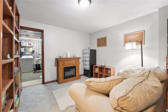 103 Sanger Rd, North Sewickley Twp, PA 15010 - living area featuring light colored carpet, a glass covered fireplace, and washer / dryer