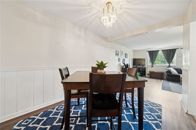 4075 Greensburg Pike, Wilkins Twp, PA 15221 - dining area featuring wood finished floors, a chandelier, beamed ceiling, and a wainscoted wall