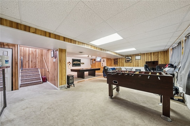 4075 Greensburg Pike, Wilkins Twp, PA 15221 - recreation room featuring carpet, pool table, wood walls, and a drop ceiling