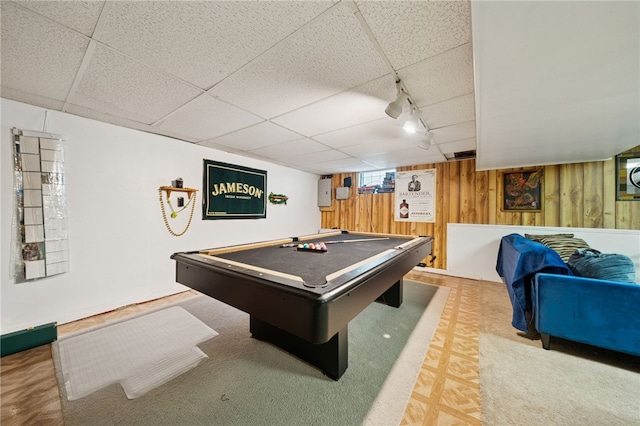 4075 Greensburg Pike, Wilkins Twp, PA 15221 - playroom featuring wood walls, track lighting, pool table, and a drop ceiling