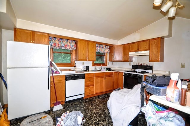 517 S 3rd Ave, Elizabeth Twp/Boro, PA 15037 - kitchen featuring white appliances, under cabinet range hood, light countertops, lofted ceiling, and brown cabinetry