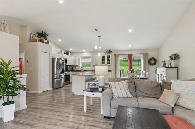 196 Weathervane Dr, Slippery Rock Twp, PA 16057 - living area featuring vaulted ceiling, light wood-type flooring, and recessed lighting