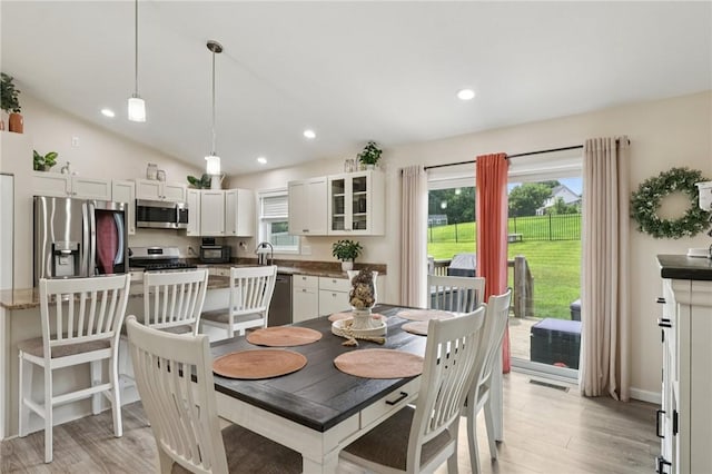 196 Weathervane Dr, Slippery Rock Twp, PA 16057 - dining room featuring light wood-type flooring, recessed lighting, and vaulted ceiling