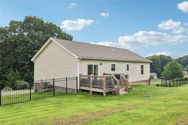 196 Weathervane Dr, Slippery Rock Twp, PA 16057 - rear view of property with a fenced backyard, a wooden deck, and roof with shingles
