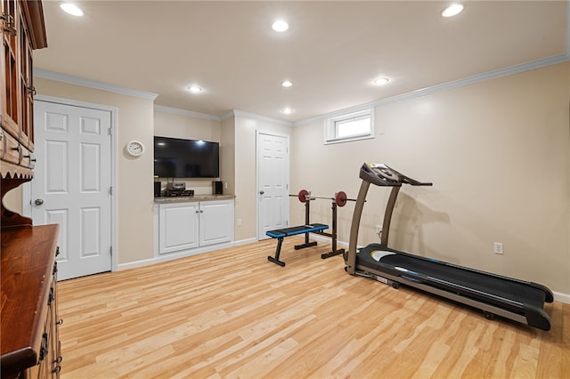 113 Great Rock Dr, Bethel Park, PA 15102 - exercise room featuring light wood-type flooring, crown molding, and recessed lighting