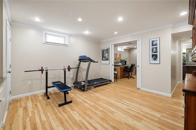 113 Great Rock Dr, Bethel Park, PA 15102 - workout room with light wood-style floors, ornamental molding, and recessed lighting