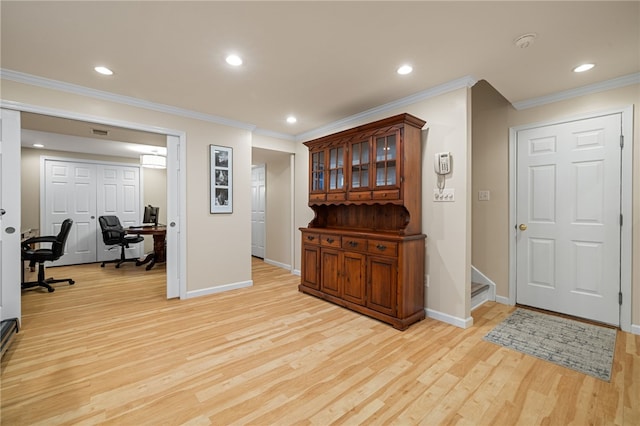 113 Great Rock Dr, Bethel Park, PA 15102 - entrance foyer with light wood finished floors, ornamental molding, and recessed lighting