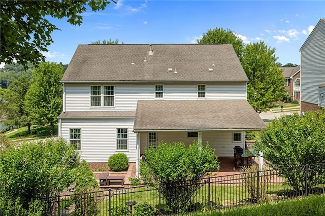 113 Great Rock Dr, Bethel Park, PA 15102 - rear view of house with a patio area, a fenced backyard, and a shingled roof