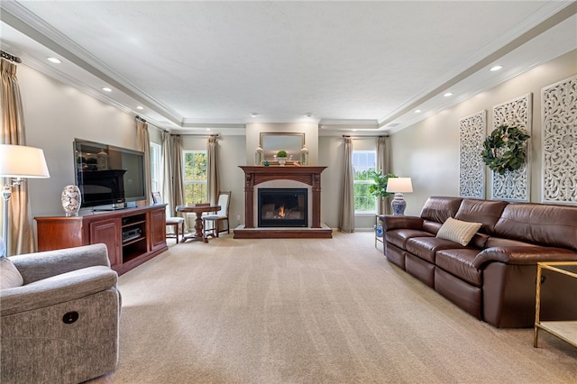 113 Great Rock Dr, Bethel Park, PA 15102 - living area with light carpet, healthy amount of natural light, a glass covered fireplace, ornamental molding, and a raised ceiling