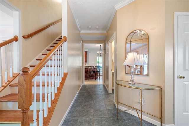 113 Great Rock Dr, Bethel Park, PA 15102 - hall with stairs, a chandelier, and crown molding