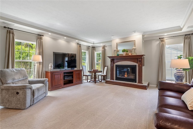 113 Great Rock Dr, Bethel Park, PA 15102 - living area featuring light carpet, a glass covered fireplace, crown molding, and recessed lighting