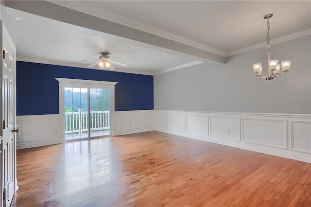 184 Wynne St, Shaler, PA 15209 - empty room with a chandelier, light wood-style flooring, a decorative wall, a ceiling fan, and ornamental molding
